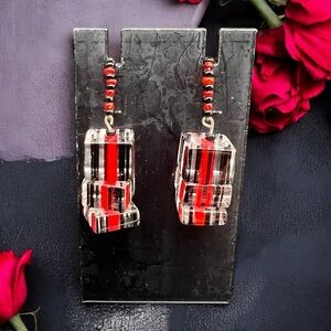 Geometric Art Glass Stacked Cubes - Red Black Clear - French Hook - Whimsigoth